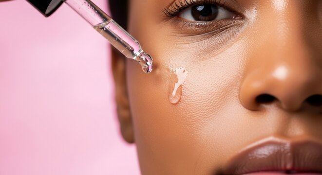 Woman applying serum to face with dropper on pink background skincare routine beauty treatment close up