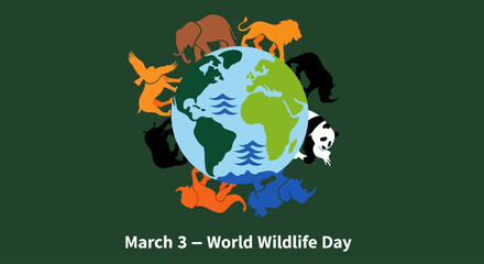 Naklejka premium Vibrant animals surround the globe on World Wildlife Day