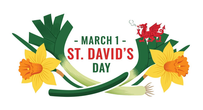St. David's Day celebration with daffodils and Welsh dragon on March 1