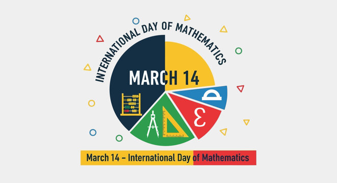 Vibrant International Day of Mathematics poster on March 14th with math symbols