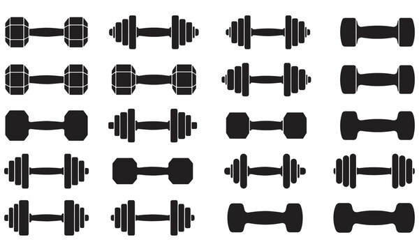 Dumbbell Silhouette Icon Set &ndash; Hex and Adjustable Gym Weights Vector