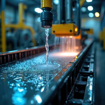 Industrial machine applies liquid coating to metal surface. Water sprays over shiny wet material on production line. Automated factory process uses precision engineering for quality finish.