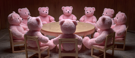 Group of pink teddy bears sitting around table lifestyle minimal