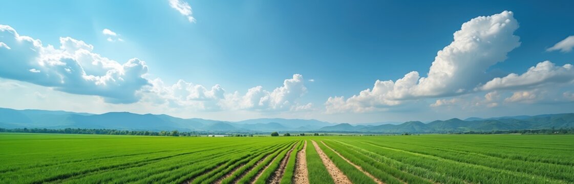 Vast green field under blue sky with white clouds. Rows of crops stretch to distant mountains. Agricultural landscape perfect for farming or eco themes.