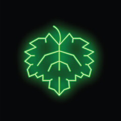 Naklejka premium Neon sign representing a grape leaf, glowing green on a black background