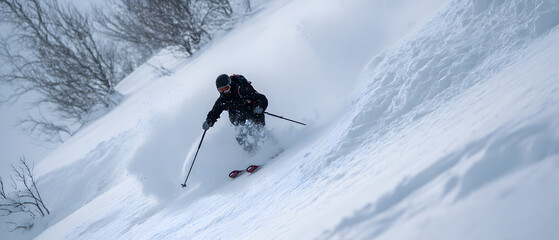 Man skiing downhill on snowy slope lifestyle minimalist