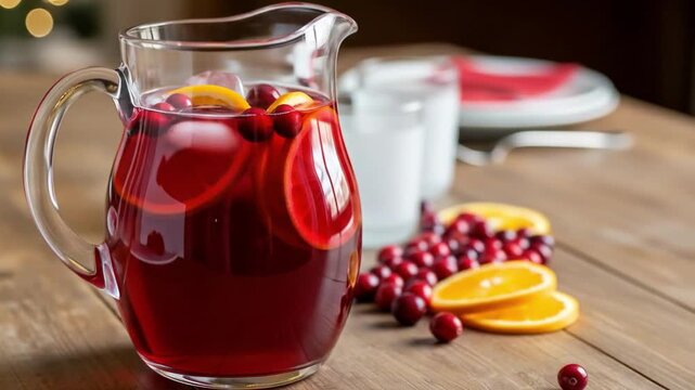 Refreshing fruit compote in decanter with vibrant cranberries and orange slices on wooden table. Fruit compote includes fresh ingredients like cranberries and citrus, enhancing gatherings with style.