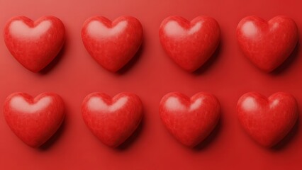 Fototapeta premium Eight shiny red hearts arranged in two rows on a red surface for Valentines Day