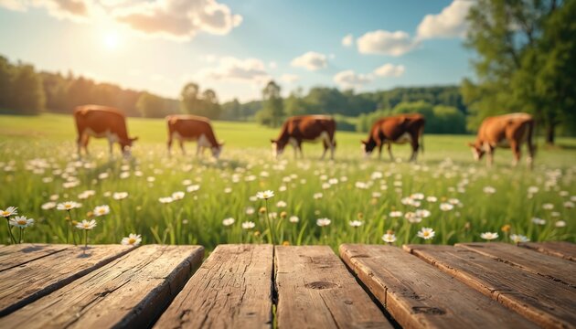 Wooden table in sunny field with grazing cows and white daisies. Green grass under blue sky with clouds. Rural summer landscape with farm animals feeding peacefully.