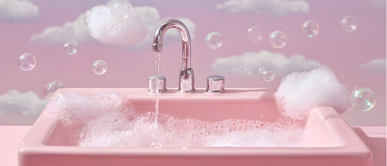 Pastel sink with soap bubble clouds lifestyle minimal