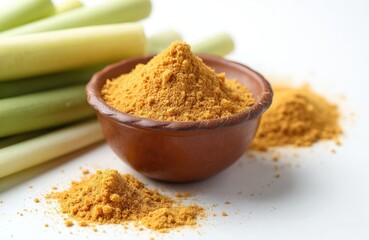 Brown jaggery powder in rustic bowl, raw sugarcane stalks nearby. Natural sweetener for cooking, baking, traditional Indian dishes. Organic sugar alternative.