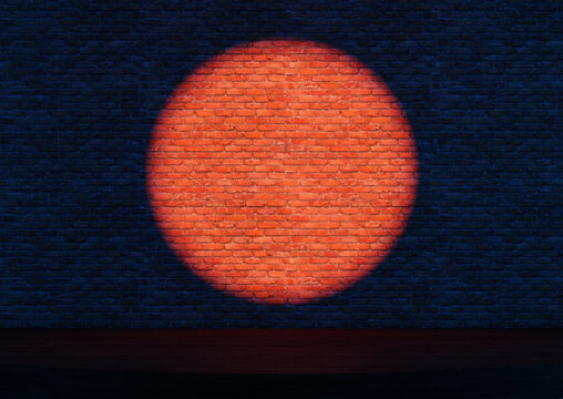 Empty stand-up stage with a spotlights. A bright round light is cast on a dark brick wall. 3d illustration