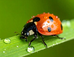 Fototapeta premium Ladybug on Leaf with Water Droplets.