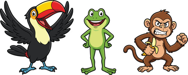 Cute cartoon jungle animals illustration, toucan frog monkey characters, funny wildlife mascots isolated on white background design © Enamul