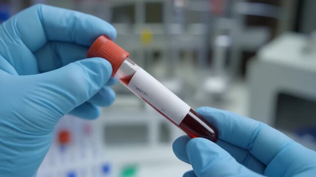 Gloved hands holding blood sample tube in laboratory