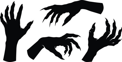 Creepy clawed hand silhouettes set, horror monster gestures collection, spooky halloween hands isolated on white background illustration dark fantasy concept © Enamul
