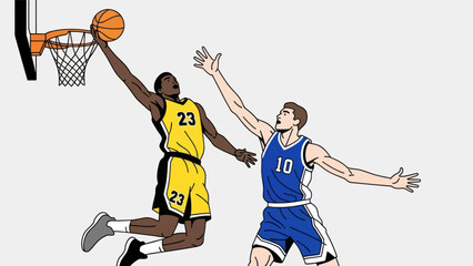 Basketball player making a slam dunk action illustration on white background © Depadepo