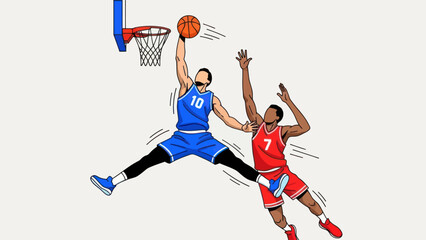 Basketball player making a slam dunk action illustration on white background © Depadepo
