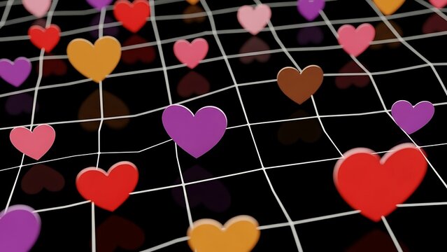 Colorful hearts in abstract digital art, representing love, connection, and romantic affection on a reflective dark grid