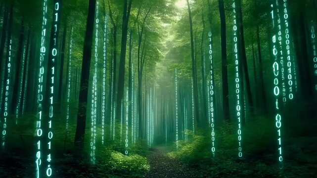 Digital Forest with Glowing Binary Code Falling Through Trees nature technology animated