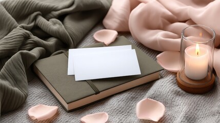 Obraz premium Two blank white business cards rest on an olive green notebook, surrounded by rose petals on a marble surface