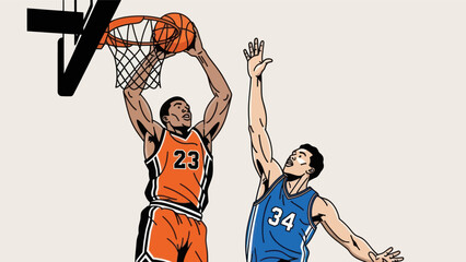 Basketball player performing a slam dunk with defender blocking vector illustration © Depadepo