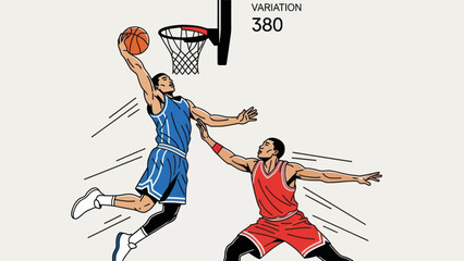 Basketball player performing slam dunk action against another player © Depadepo