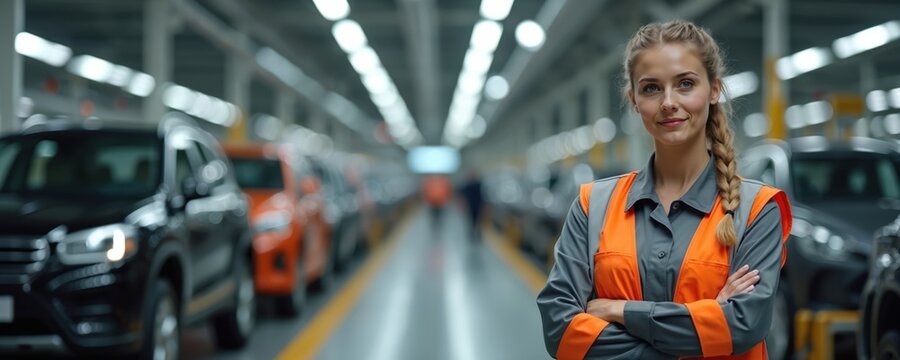 Smiling female engineer stands at car assembly line. Woman in safety vest works in auto factory with blurred cars background. Industry production on conveyor belt. Modern auto manufacturing.