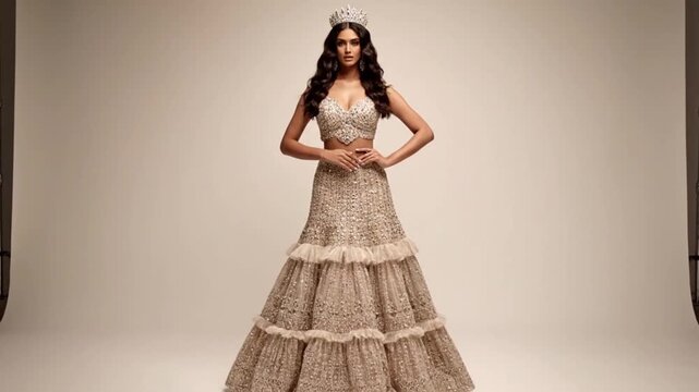 Elegant pageant winner modeling a sparkling embellished lehenga choli ensemble while wearing a dazzling diamond tiara.