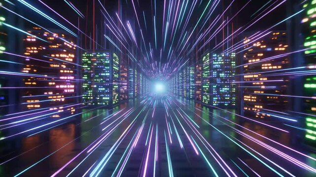 Futuristic data center with neon data streams