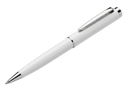 A sleek and modern white pen with a silver clip and tip