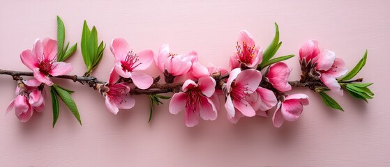 Fototapeta premium Pink cherry blossom flowers rest on a pastel background with petals and leaves falling around. Spring captures the beauty of nature
