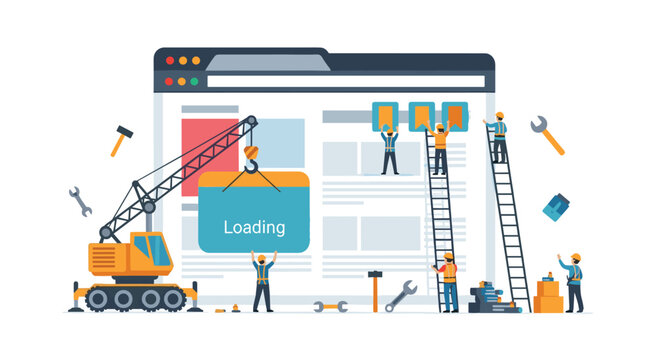Tiny construction workers actively building and developing a webpage with a loading screen, illustrating web design