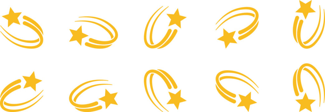 Yellow star trail icon set. Shooting star motion symbols, golden falling star vector elements, flying comet trails, glowing star swoosh shapes for gaming reward and achievement interface.