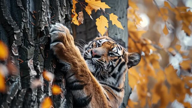 Tiger climbing tree surrounded by autumn leaves
