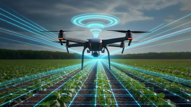 Advanced agricultural drone hovering over a lush green field with rows of crops under a dramatic cloudy sky animated