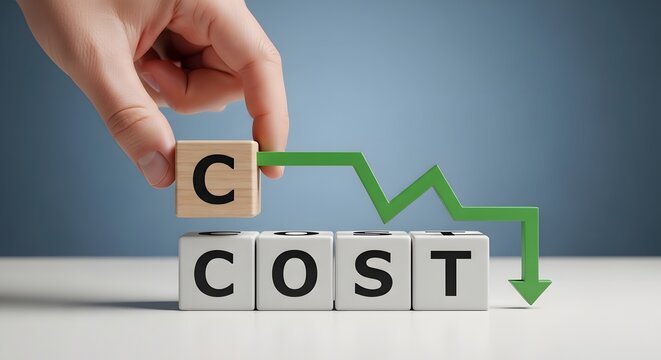 Reducing expenses concept with hand adjusting cost blocks and green arrow