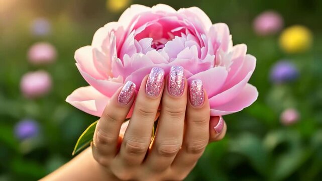 Woman's hand with pink glitter manicure holding a blooming peony flower. Sparkling nail art design in a sunny garden with bokeh background. Beauty and spa concept