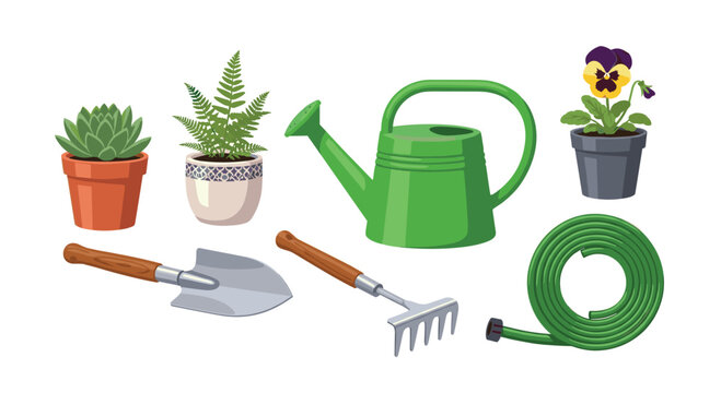 Assortment of vibrant gardening tools and potted plants arranged on a clean white background with bright studio