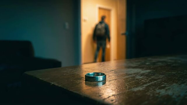Silver ring on a scratched wooden table. Blurred man with a backpack walking away through a doorway. Divorce and separation concept. Cinematic close-up of a wedding band left behind