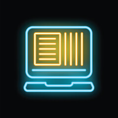 Glowing neon icon of a laptop displaying a spreadsheet and a text document, suggesting data analysis and report writing