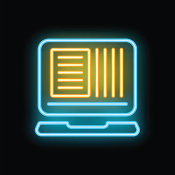 Glowing neon icon of a laptop displaying a spreadsheet and a text document, suggesting data analysis and report writing
