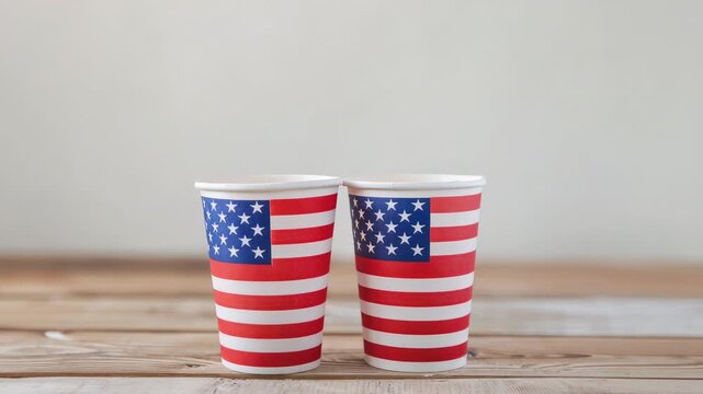 Two disposable cups with red, white, and blue flag design on wooden surface