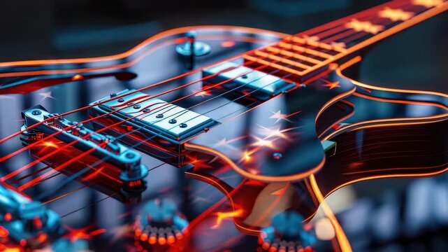 Close-up of electric guitar with vibrant lights reflecting, highlighting strings and knobs
