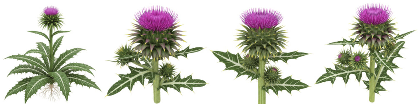 Milk thistle plant set with purple flowers and green leaves isolated on white background vector