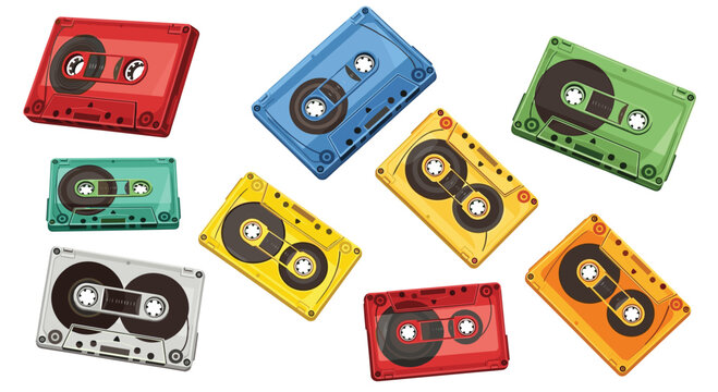 Collection of colorful retro audio cassette tapes scattered dynamically, representing vintage music and recording
