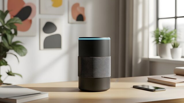 A smart speaker sits on a wooden desk in a modern home office