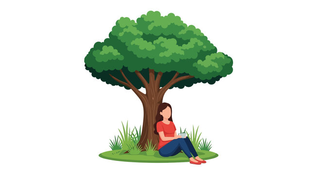 Woman reading a book peacefully under the shade of a lush green tree