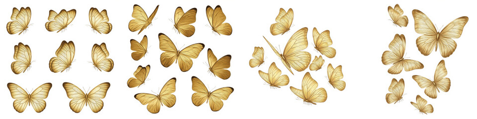Collection of elegant yellow butterflies in flight isolated on white background © Druvh