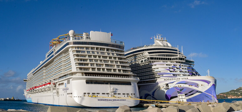 St Maarten, Netherlands - 17 January 2026: Norwegian Cruise Line NCL cruise ships Norwegian Breakaway and Norwegian Viva docked in the port of Philipsburg on the Caribbean island of St Maarten